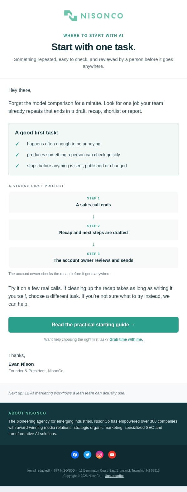 Where to actually start with AI email from NisonCo screenshot