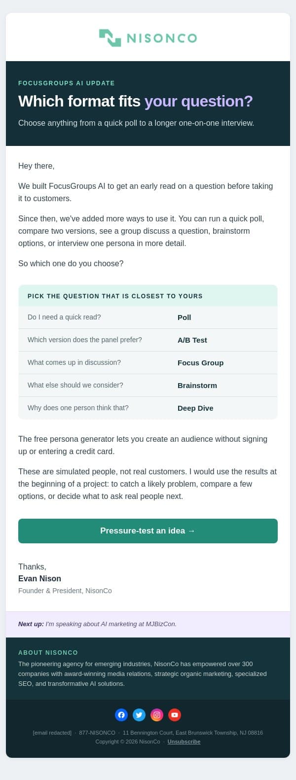 FocusGroups AI can do more than focus groups email from NisonCo screenshot