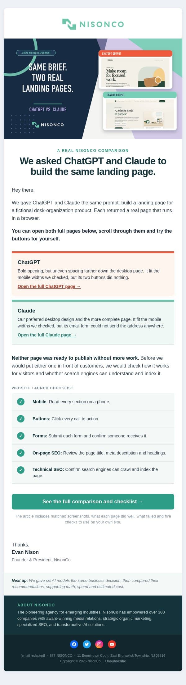 We gave ChatGPT and Claude the same website prompt email from NisonCo screenshot