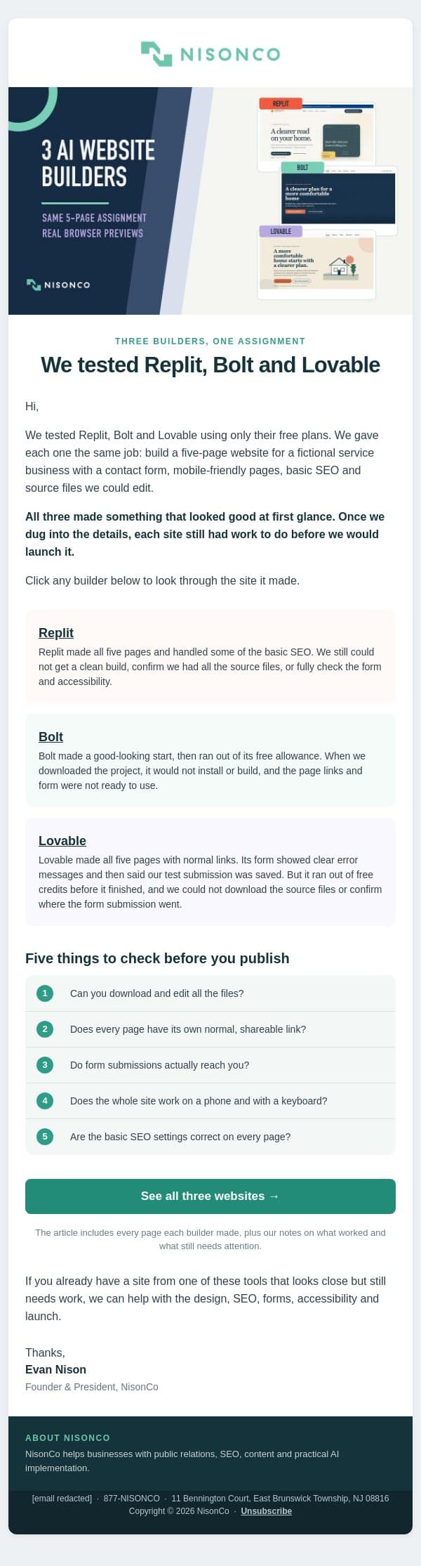 We tested Replit, Bolt and Lovable email from NisonCo screenshot