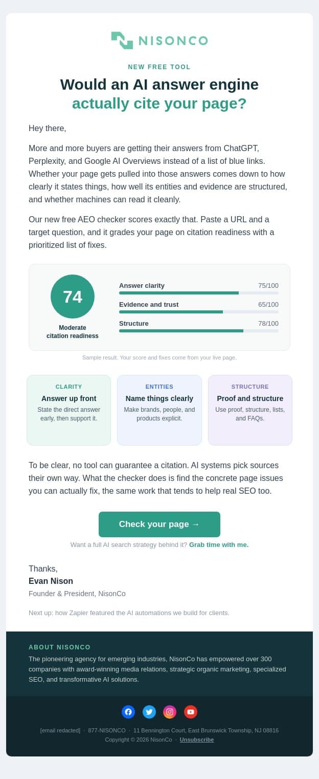 Would an AI answer engine cite your page? email from NisonCo screenshot
