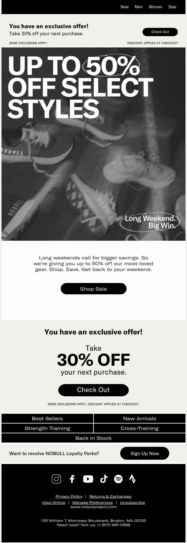 Up to 50% Off. Start the Long Weekend Right. email from NOBULL screenshot