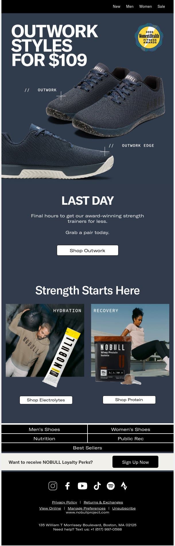 Last Chance: $109 Outwork Styles email from NOBULL screenshot