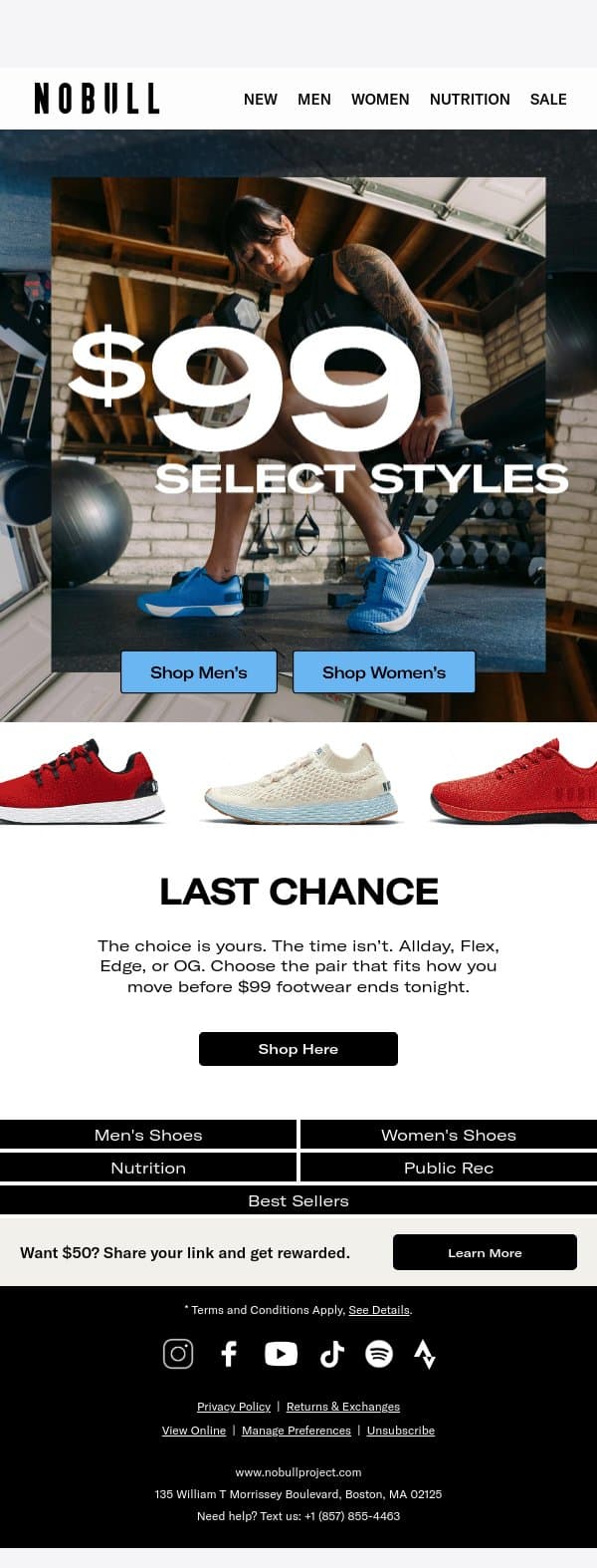Last Call: $99 Footwear email from NOBULL screenshot