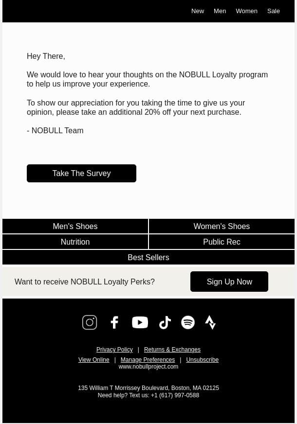 Take Our Survey. Get an Additonal 20% Off. email from NOBULL screenshot