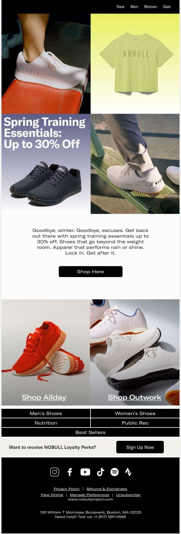 Up to 30% Off Spring Training Essentials email from NOBULL screenshot
