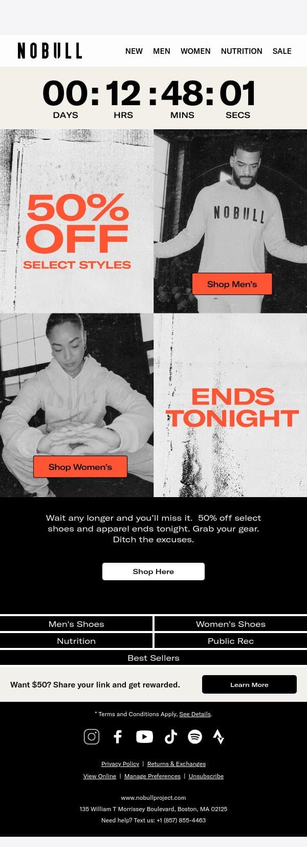 Ends Tonight: 50% Off email from NOBULL screenshot