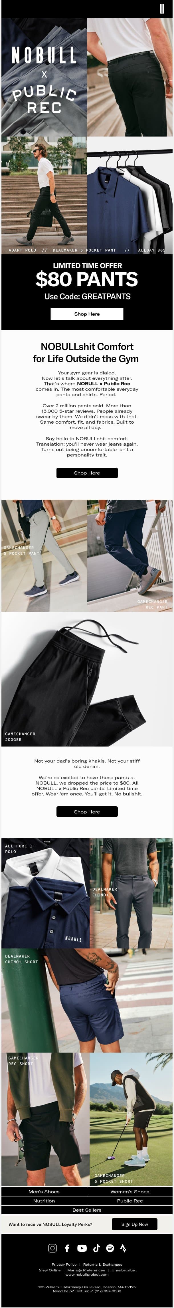 The Most Comfortable Pants. Now $80. email from NOBULL screenshot