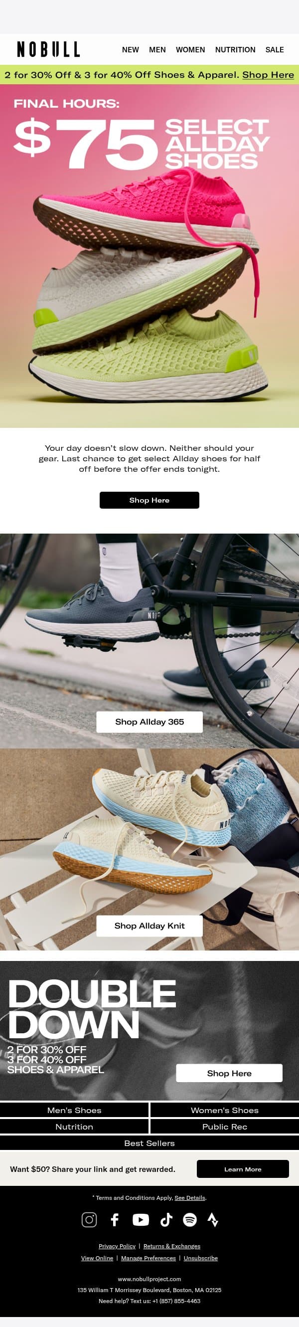 Last Chance: $75 Allday Shoes email from NOBULL screenshot