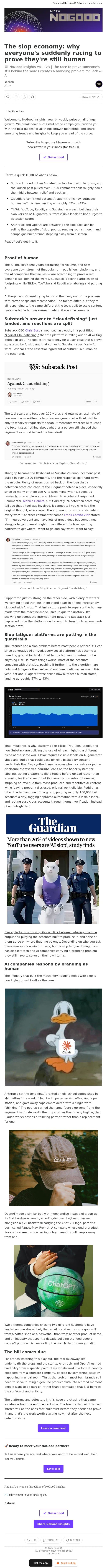 The slop economy: why everyone's suddenly racing to prove they're still human email from NoGood screenshot