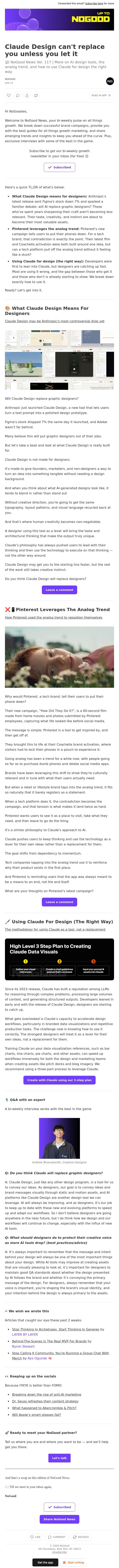 Claude Design can't replace you unless you let it email from NoGood screenshot