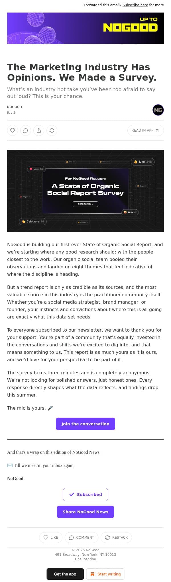 The Marketing Industry Has Opinions. We Made a Survey. email from NoGood screenshot