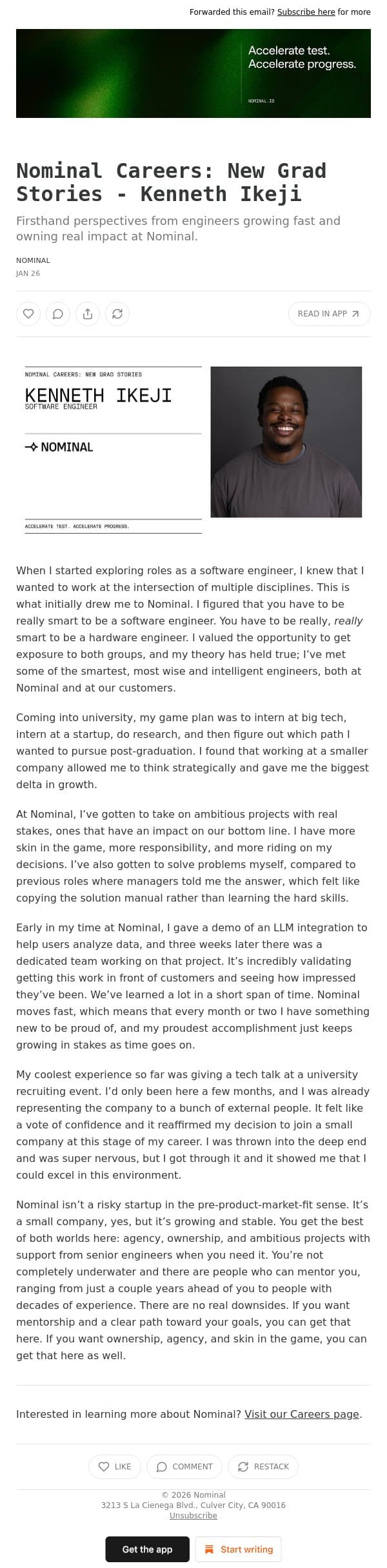 Nominal Careers: New Grad Stories - Kenneth Ikeji email from Nominal screenshot