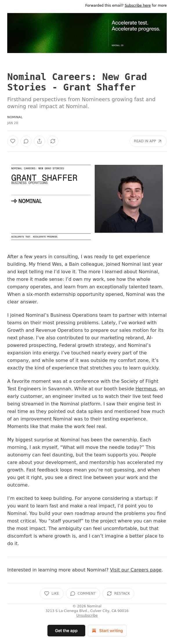 Nominal Careers: New Grad Stories - Grant Shaffer email from Nominal screenshot