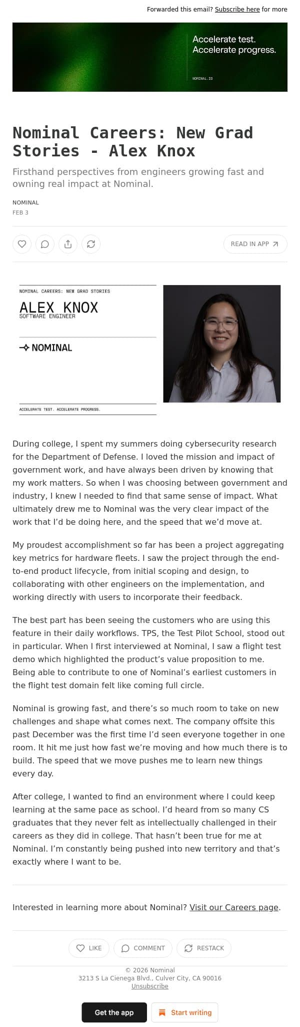 Nominal Careers: New Grad Stories - Alex Knox email from Nominal screenshot