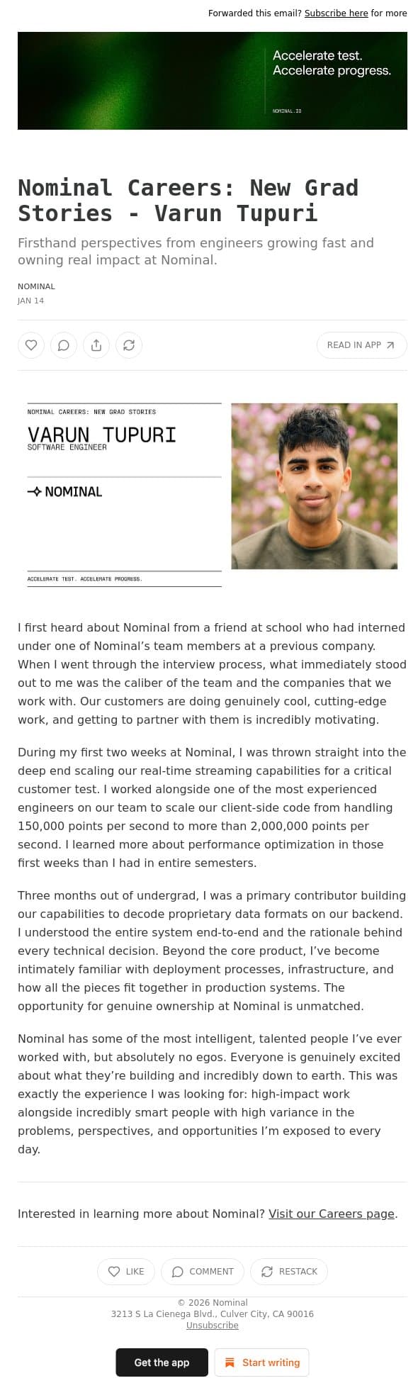 Nominal Careers: New Grad Stories - Varun Tupuri email from Nominal screenshot