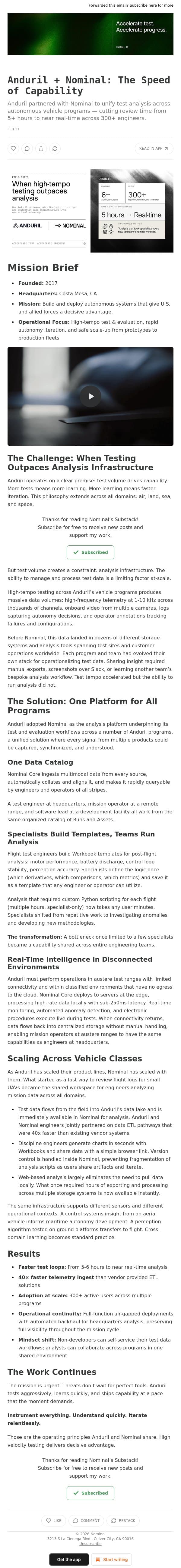 Anduril + Nominal: The Speed of Capability email from Nominal screenshot