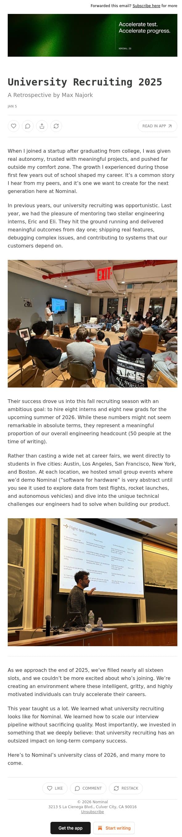 University Recruiting 2025 email from Nominal screenshot