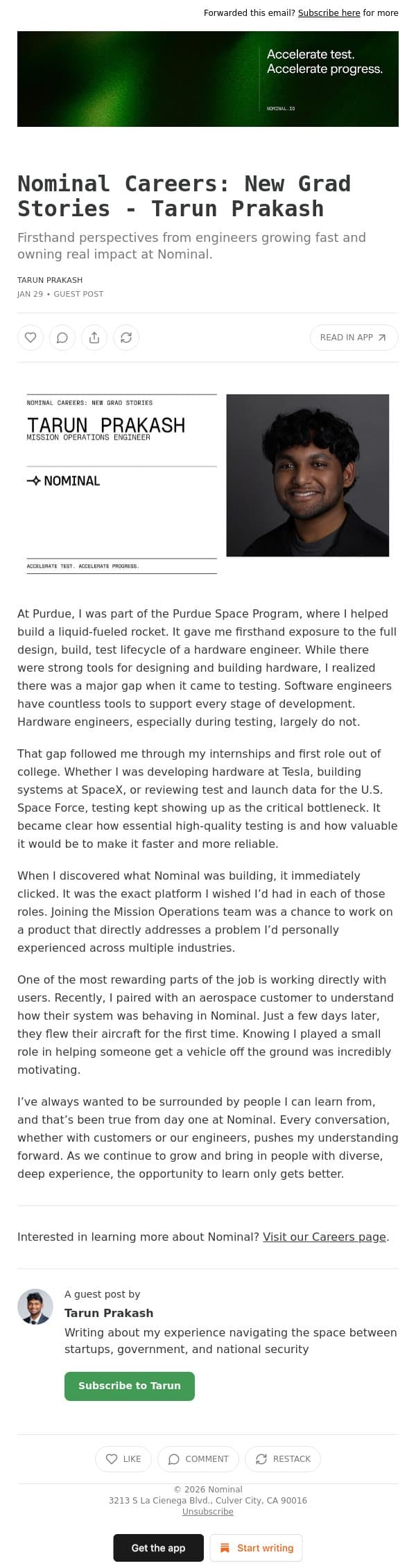 Nominal Careers: New Grad Stories - Tarun Prakash email from Nominal screenshot