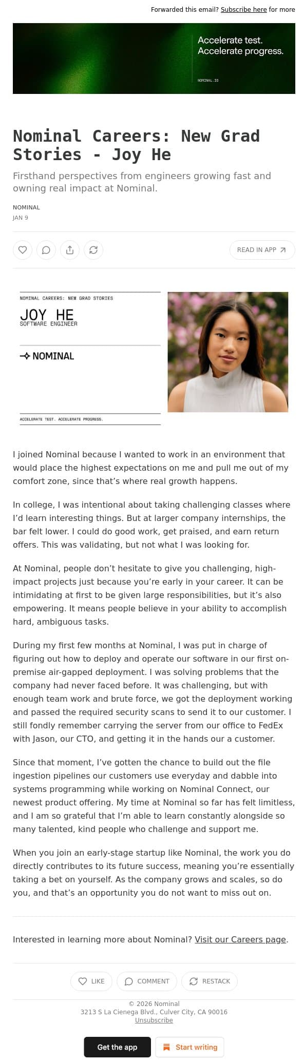 Nominal Careers: New Grad Stories - Joy He email from Nominal screenshot