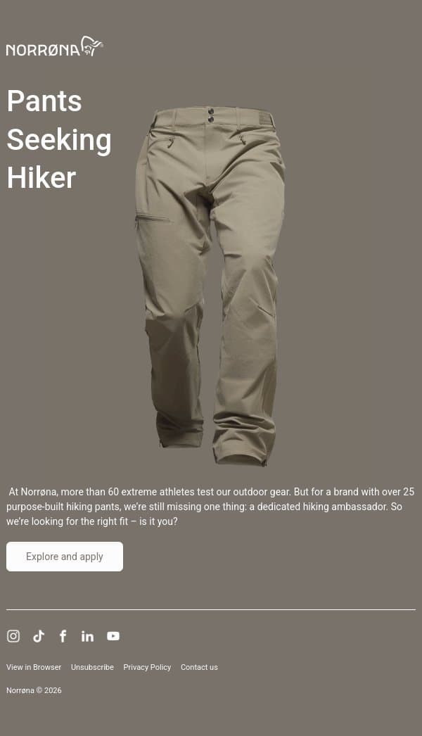 Are you our new hiking ambassador? email from Norrøna screenshot