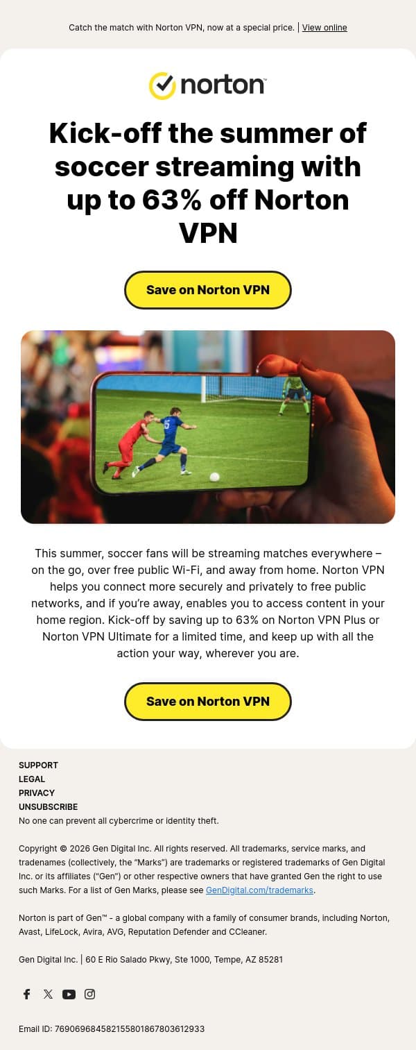 Your summer VPN deal is here. Catch every goal more securely ⚽ email from Norton screenshot