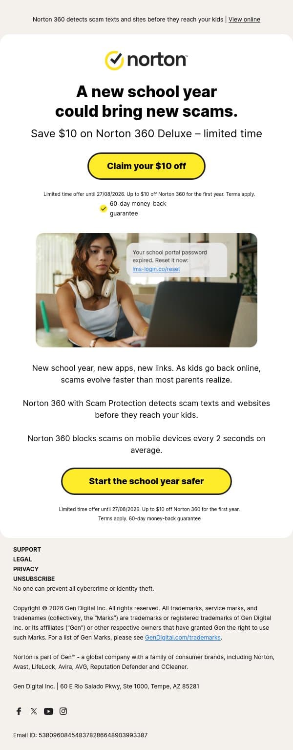 A new school year could bring new scams. email from Norton screenshot