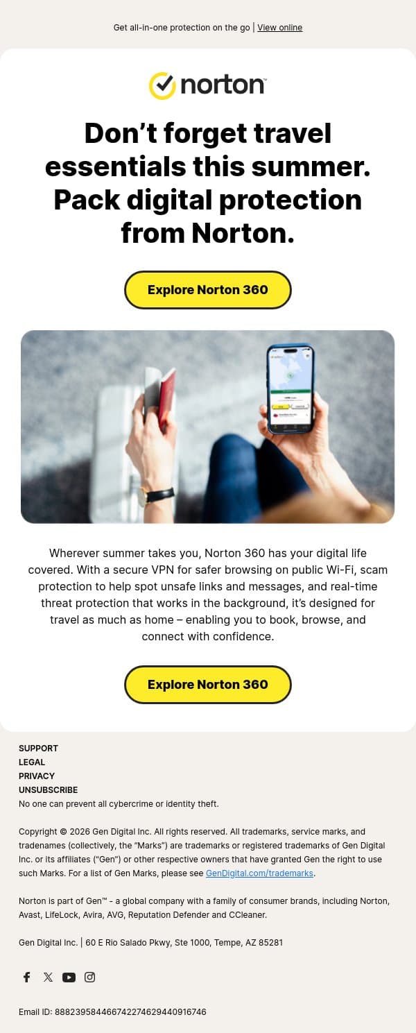 Travel safer with Norton this summer email from Norton screenshot