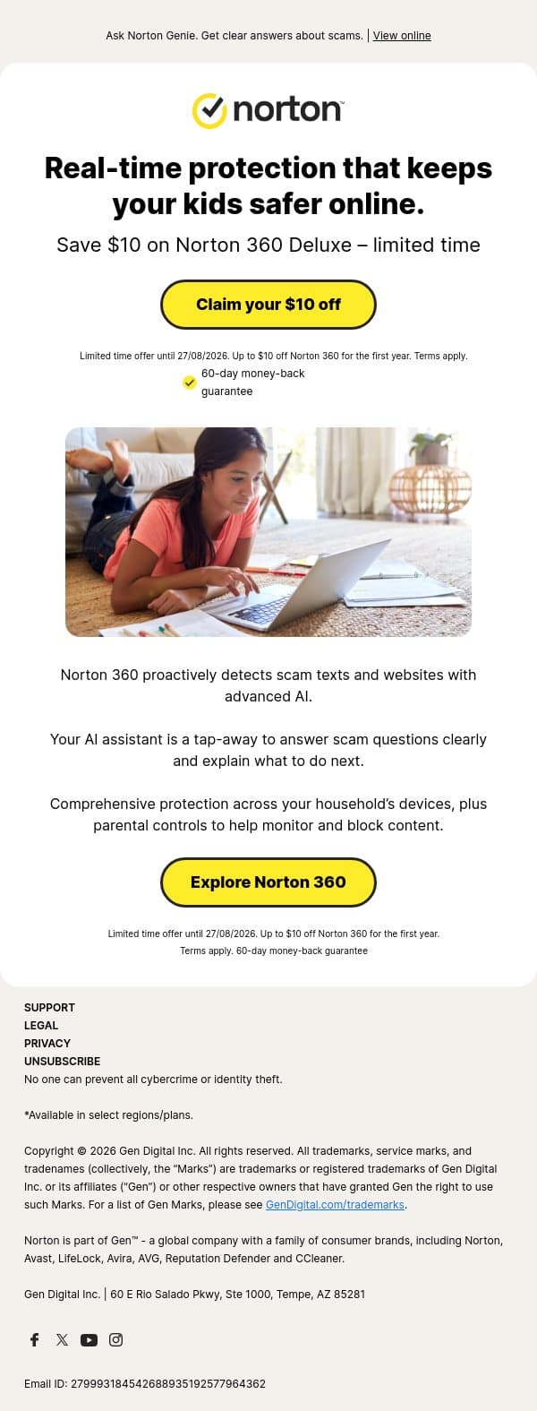AI-powered protection for your family’s devices. email from Norton screenshot