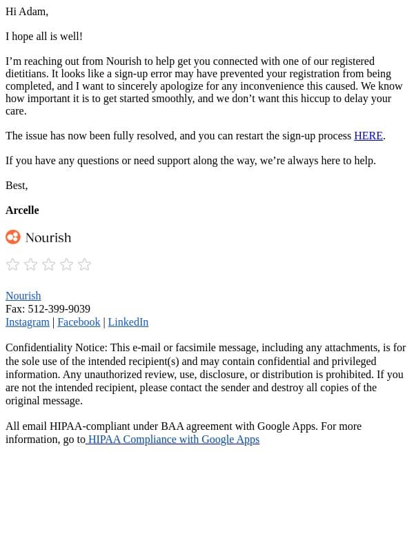 Your Nourish Journey Awaits — Let’s Get You Restarted! email from Nourish screenshot