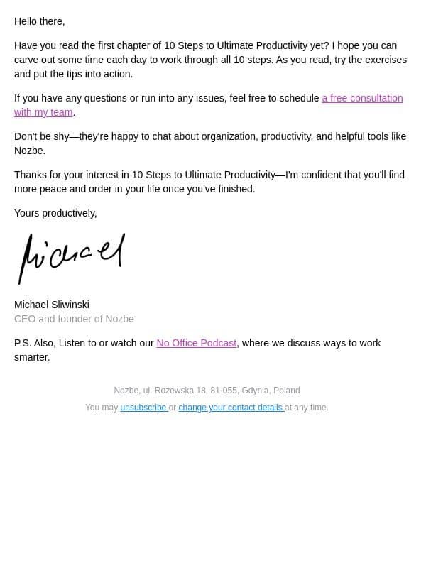 Has the "10 steps…" book helped you work even more effectively? email from Nozbe screenshot