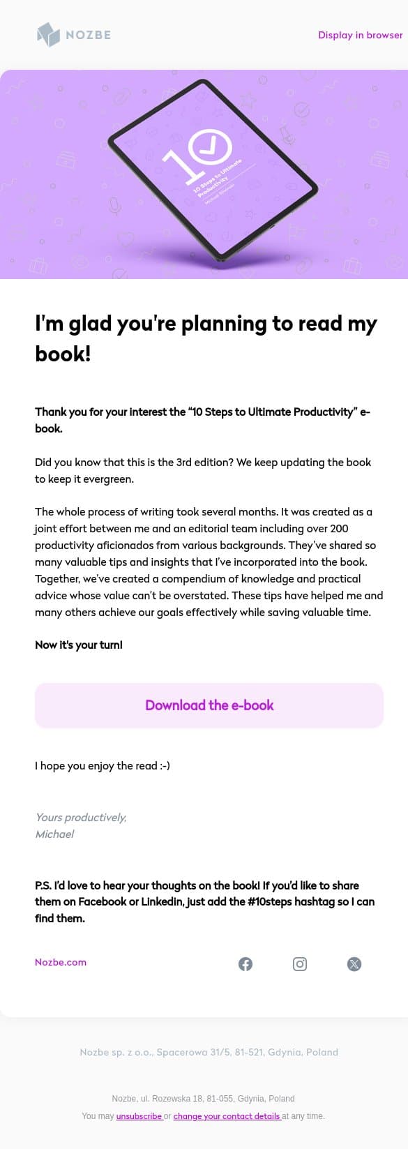 Your copy of the “10 Steps to Ultimate Productivity” e-book email from Nozbe screenshot