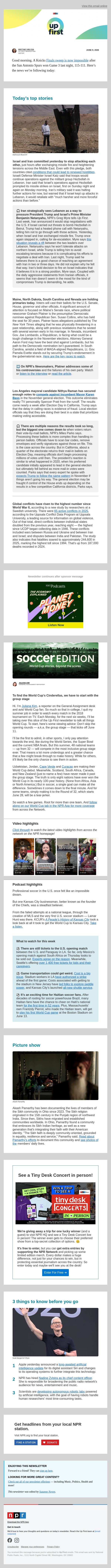 What to watch for in the 4 primary elections today. And, conflicts worldwide hit their highest levels since World War II, new report says email from NPR screenshot