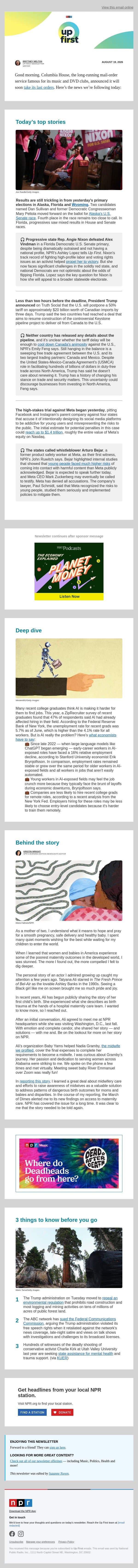 U.S. delays 50% tariff on Canadian imports. And, landmark Meta trial begins email from NPR screenshot