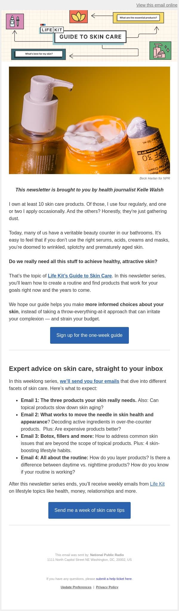 A smarter way to care for your skin email from NPR screenshot