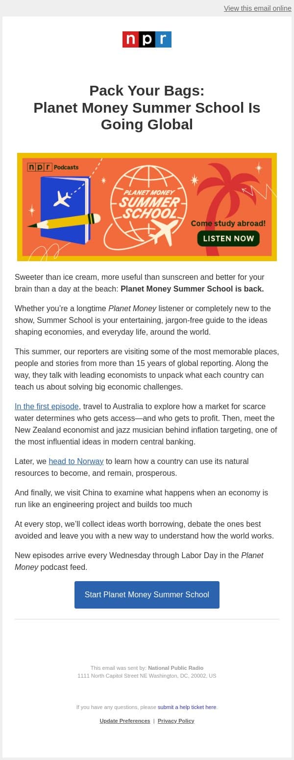 Travel the world with Planet Money Summer School email from NPR screenshot