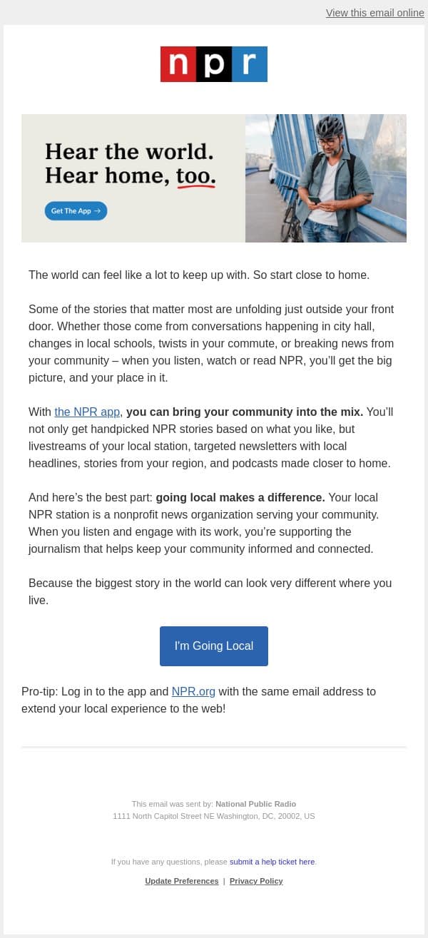 Your NPR, now closer to home email from NPR screenshot