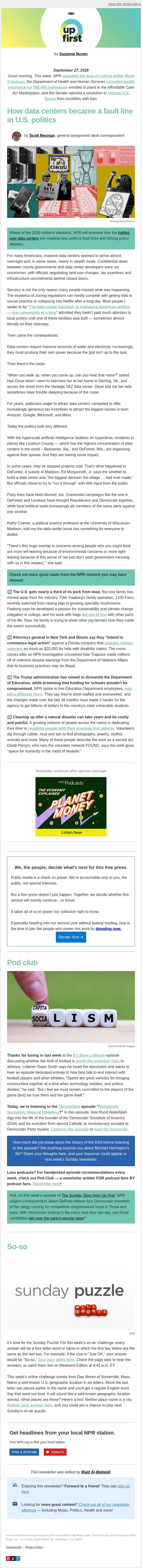 How data center backlash is reshaping American politics — one community at a time. email from NPR screenshot