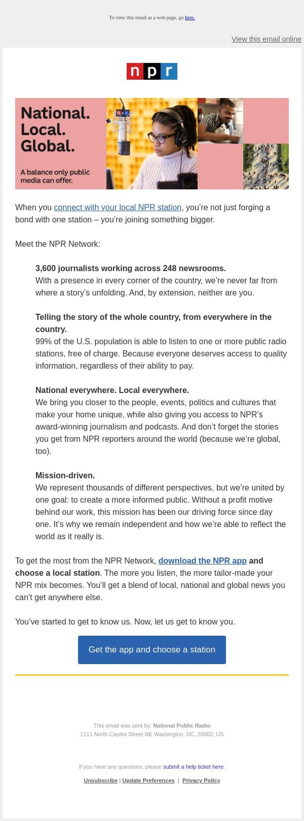 Welcome to the country's national, local and global newsroom. email from NPR screenshot