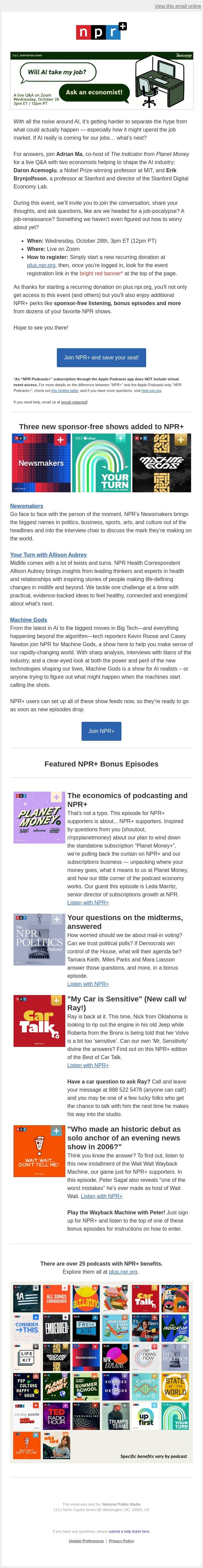 Will AI take your job? Join a live Q&A (with humans) email from NPR screenshot