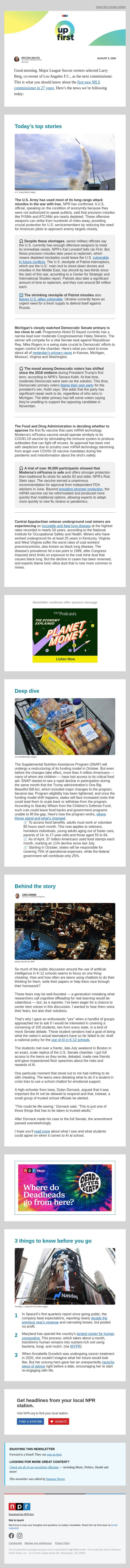 U.S. missile stockpiles are dwindling and could take years to replenish. And, FDA weighs approval of first flu vaccine using mRNA technology email from NPR screenshot