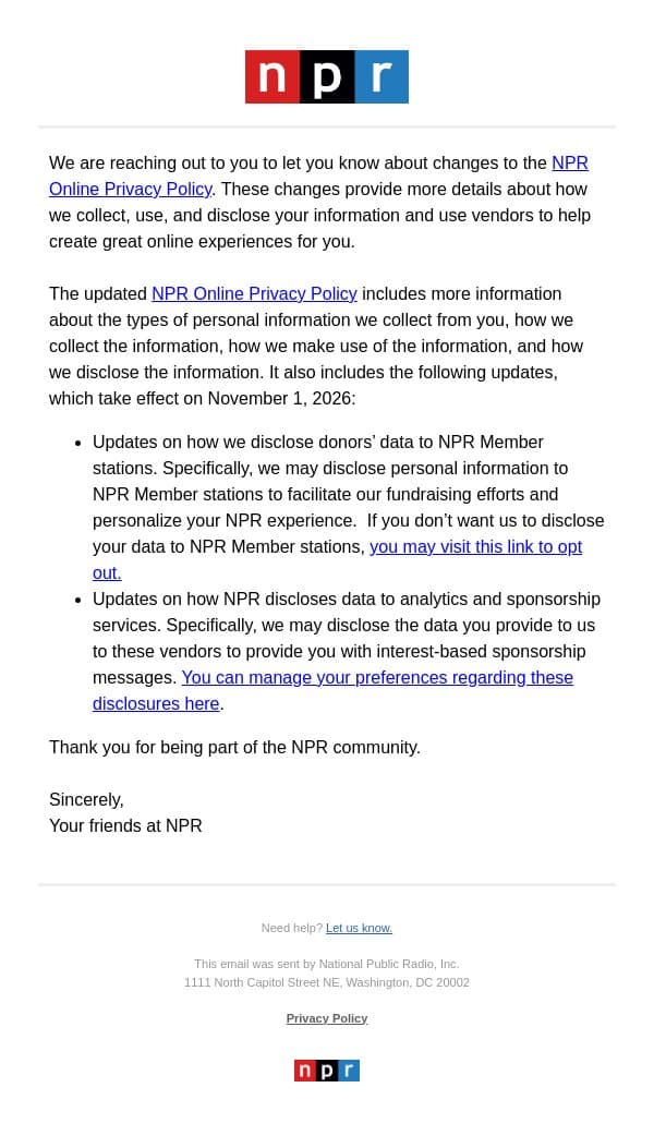 Updates to Our Online Privacy Policy email from NPR screenshot
