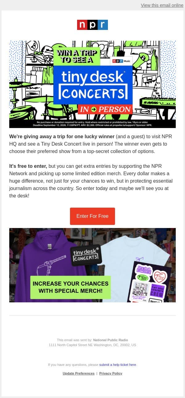 Win a trip to see a Tiny Desk Concert! ✈️ email from NPR screenshot