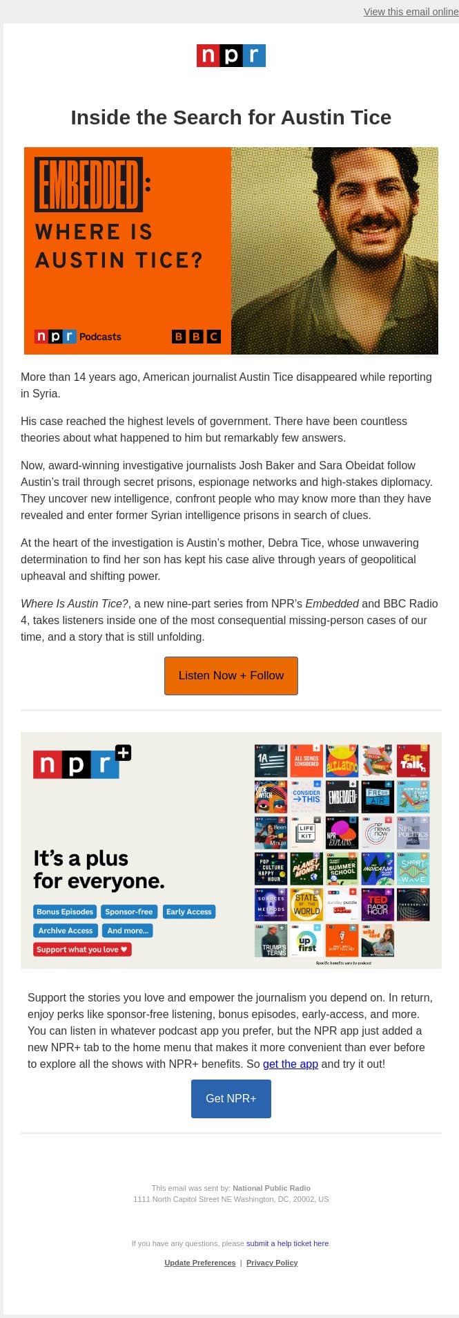What happened to Austin Tice? email from NPR screenshot