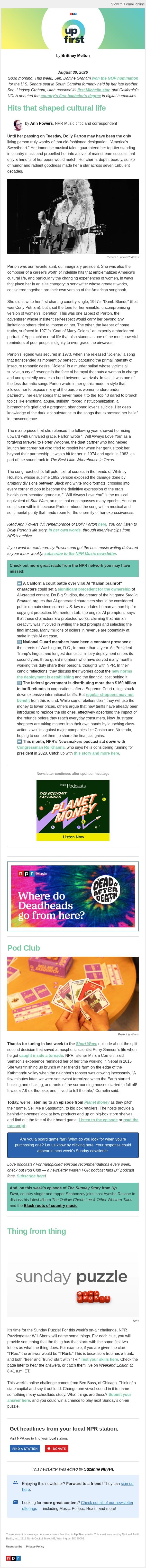 Remembering Dolly Parton’s musical influence on America email from NPR screenshot