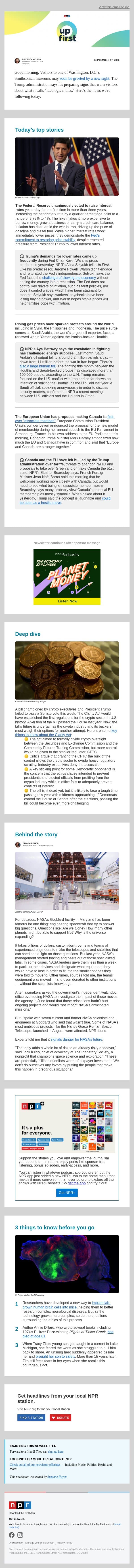The Fed raises interest rates. And, the EU proposes Canada becoming its first-ever "associate member" email from NPR screenshot