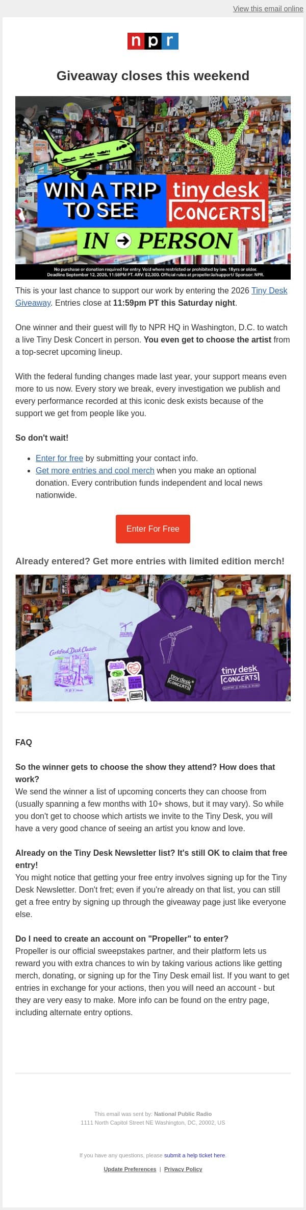 Last chance for the Tiny Desk Giveaway 🚨 email from NPR screenshot