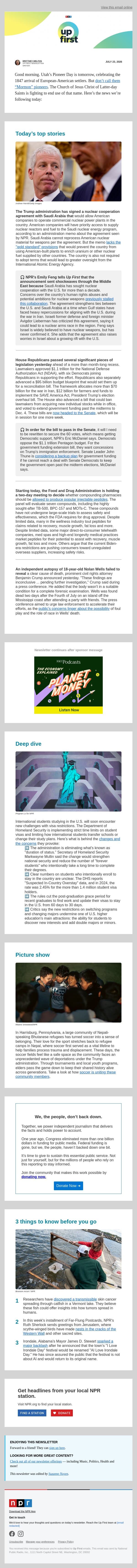 U.S. signs nuclear cooperation deal with Saudi Arabia. And, independent autopsy results of Nolan Wells 'inconclusive' on the cause of death email from NPR screenshot