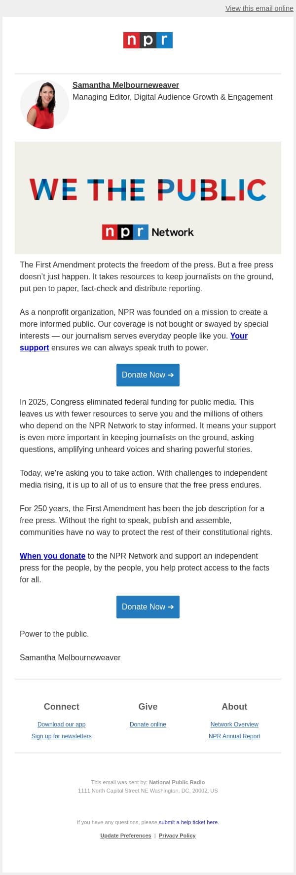 Take action to protect this free press email from NPR screenshot