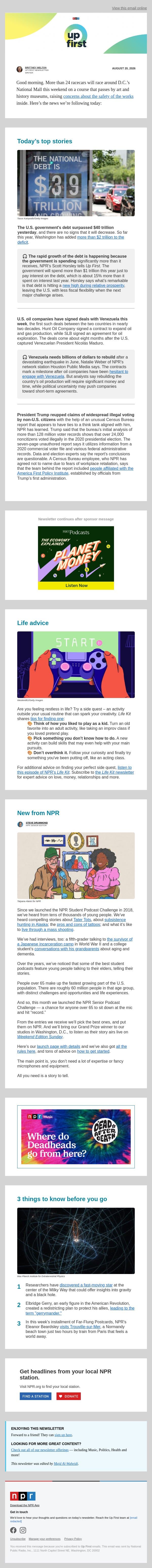 The U.S. debt tops $40 trillion. And, inside the Census report on alleged noncitizen voting email from NPR screenshot